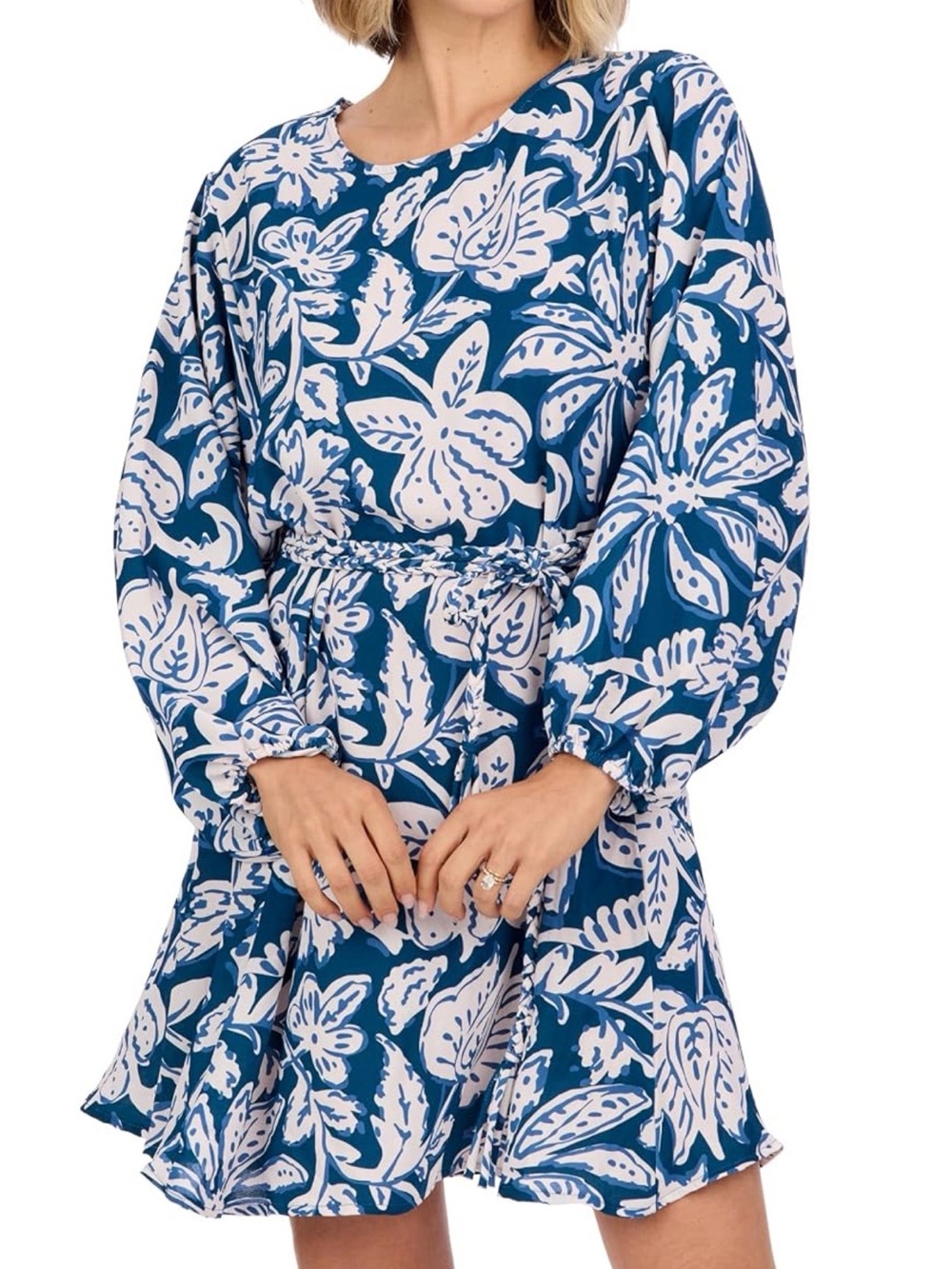 Blue Floral Long-Sleeve Swing Dress